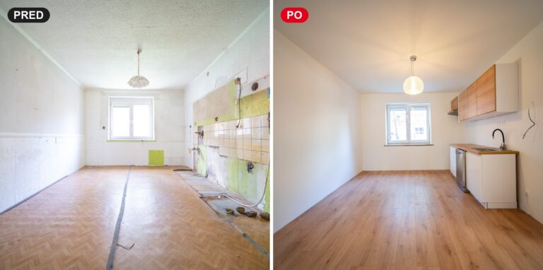 Rekonštrukcia bytu v Rači pred a po: kuchyňa v pôvodnom stave a po dokončení